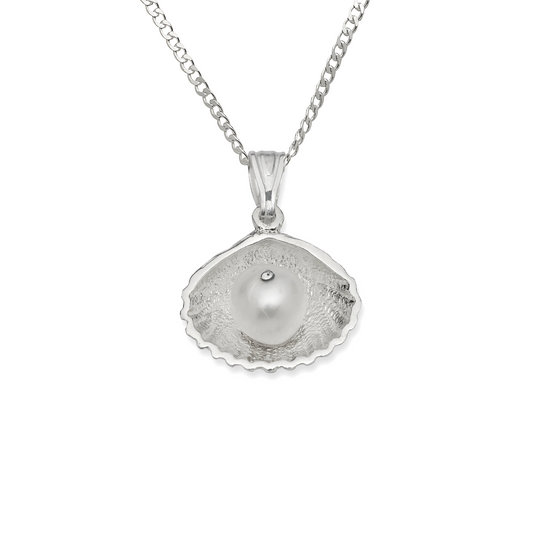 Scallop Shell .925 Sterling Silver w. Pearl Pendant Necklace