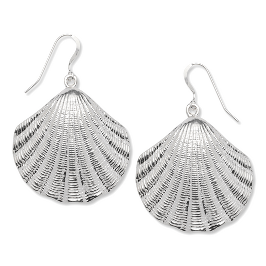 Large scallop shell earrings in .925 sterling silver, handmade statement jewelry with intricate detailing, bold ocean-inspired design, for women, 42x38mm