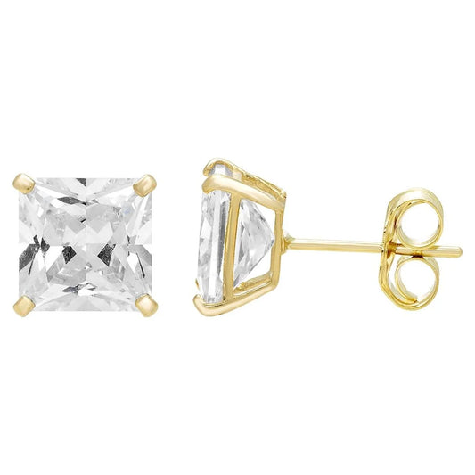 14k Yellow Gold Square Clear CZ Stud Earrings