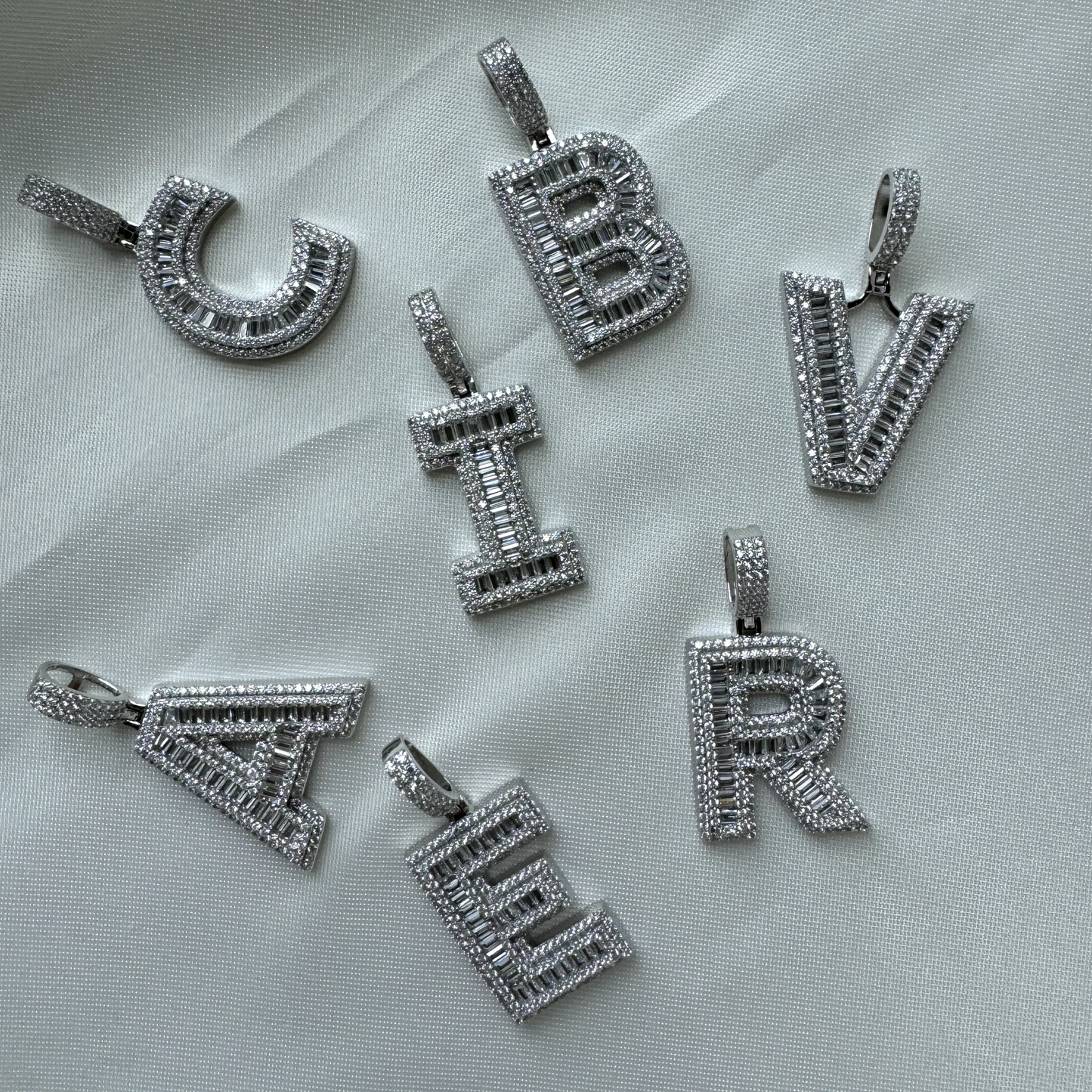 Better Jewelry Block Letter Pendant in .925 Sterling Silver w. CZ Baguette Stones