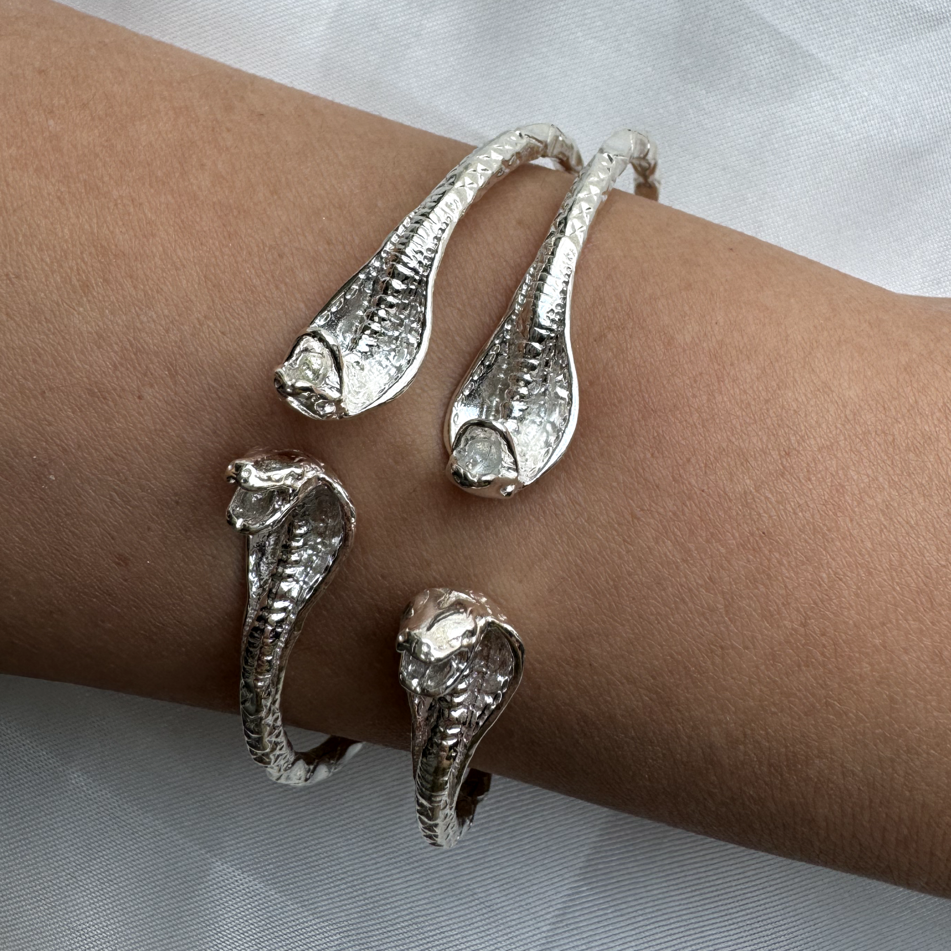 Better Jewelry Cobra Heads .925 Sterling Silver West Indian Bangles, 1 pair