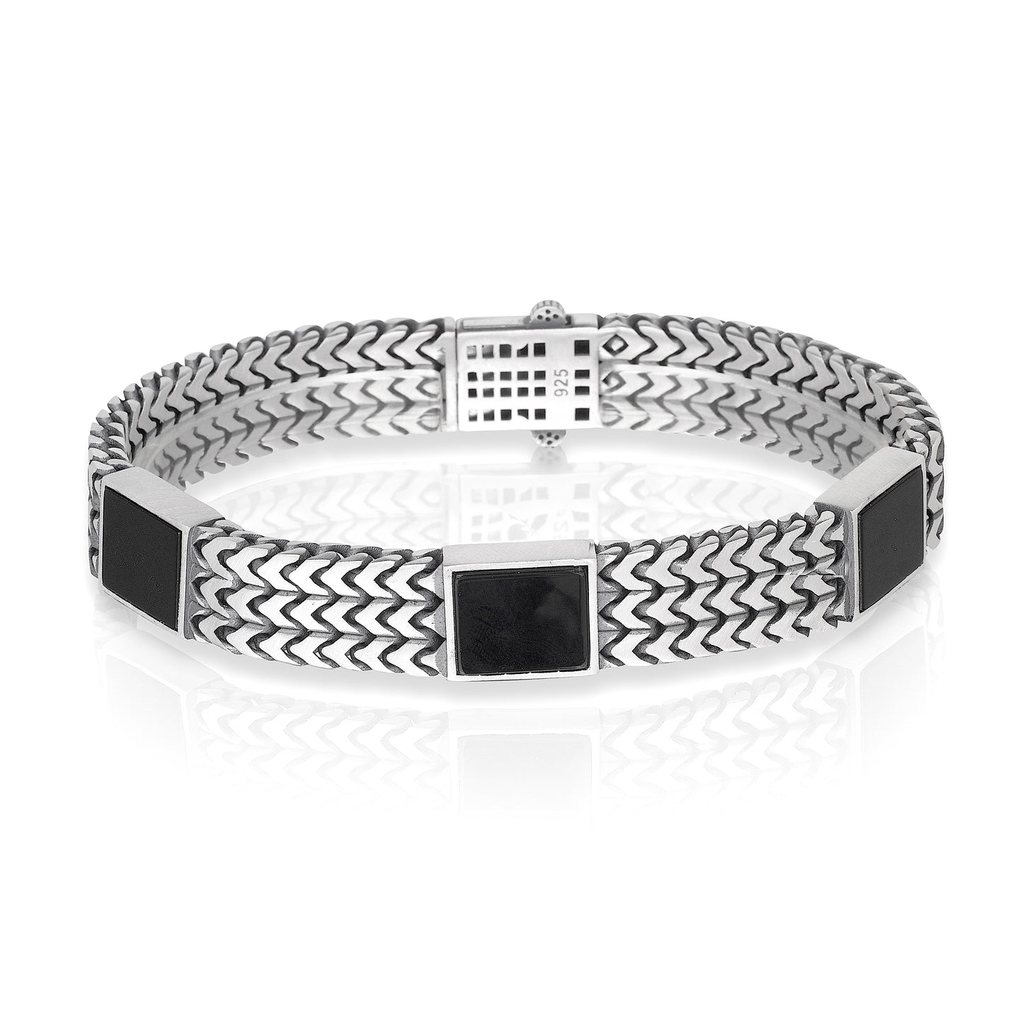 Chevron Bracelet with Black Enamel Squares, Rhodium Plated .925 Sterling Silver