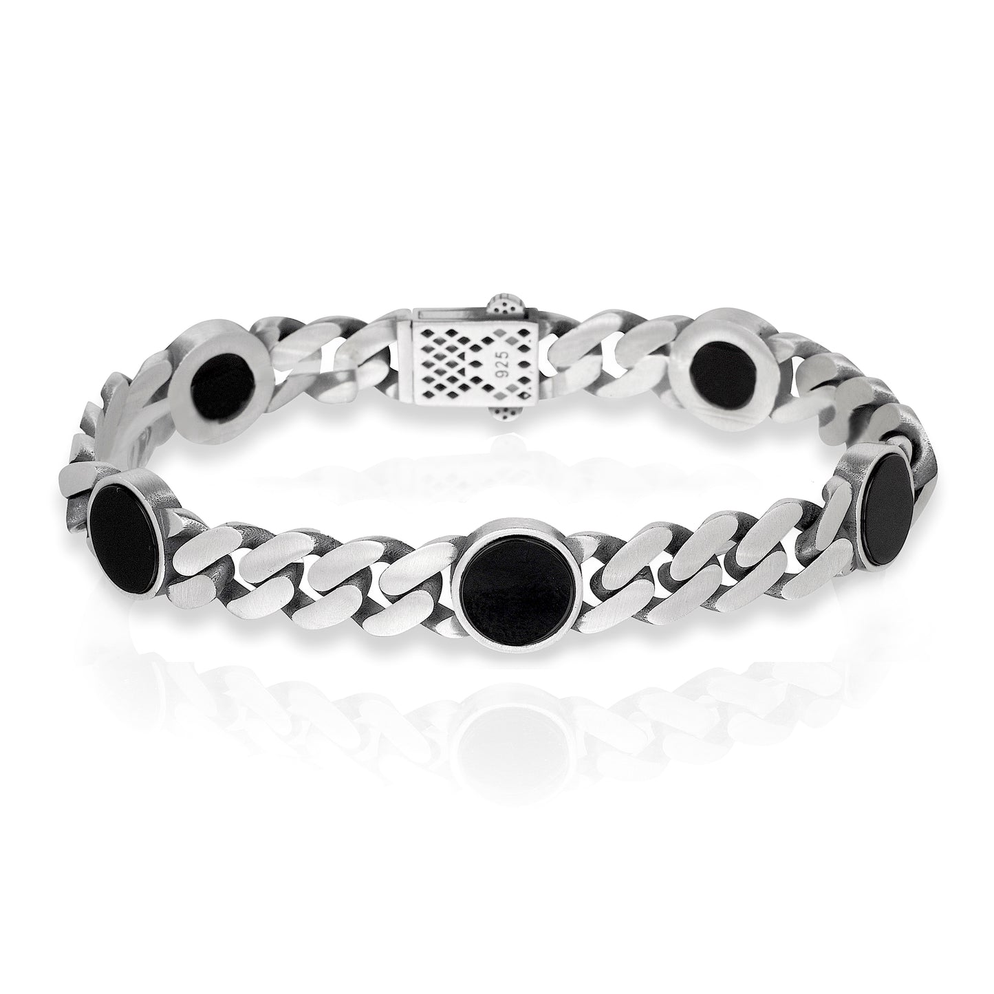 Link Bracelet with Round Black Enamel Accents, Rhodium Plated .925 Sterling Silver