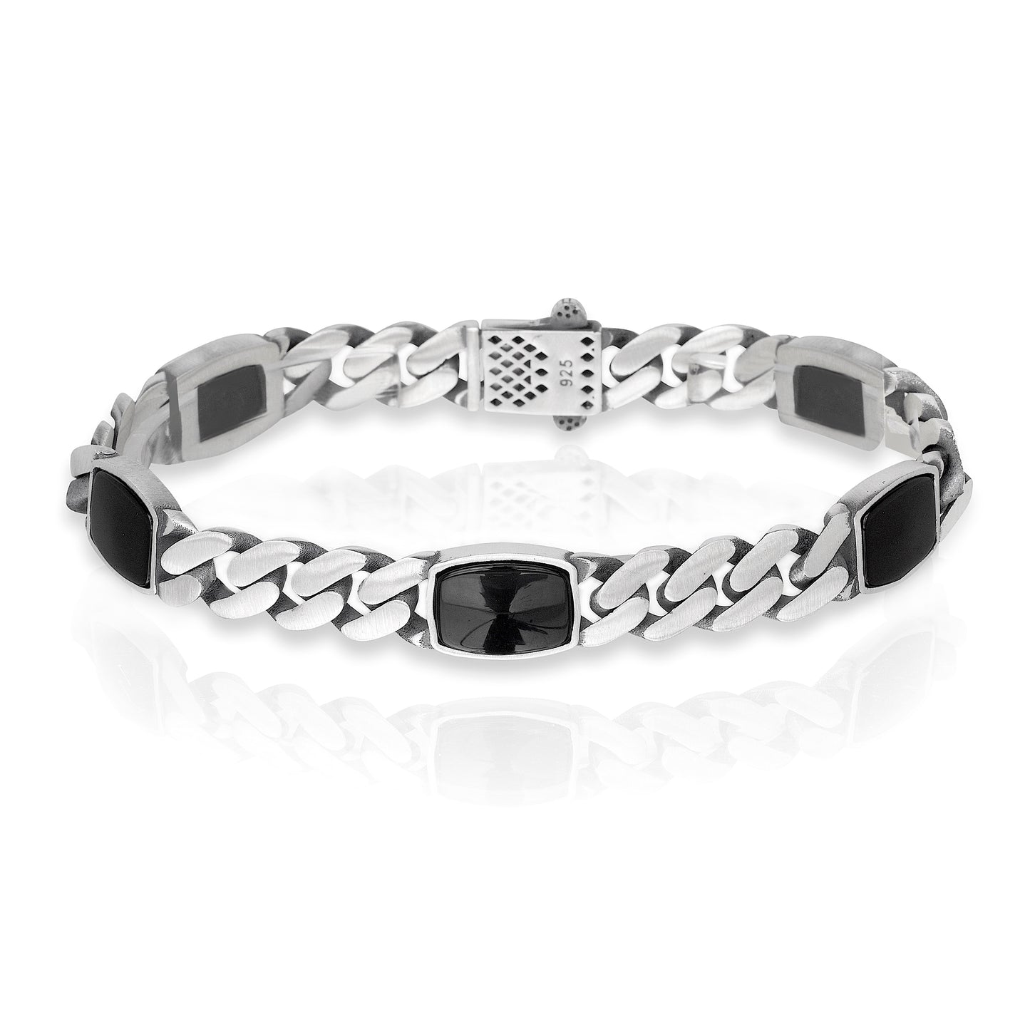 Cuban Link Bracelet with Rectangular Black Enamel, Rhodium Plated .925 Sterling Silver