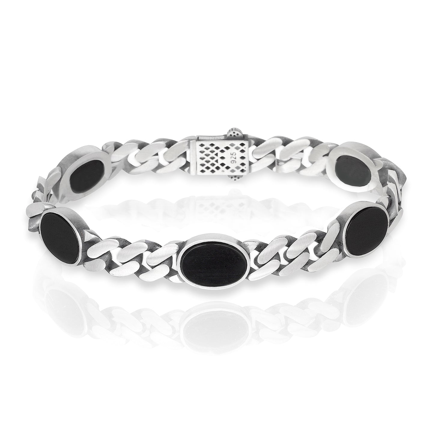 Chain Bracelet with Oval Black Enamel Inlays, Rhodium Plated .925 Sterling Silver