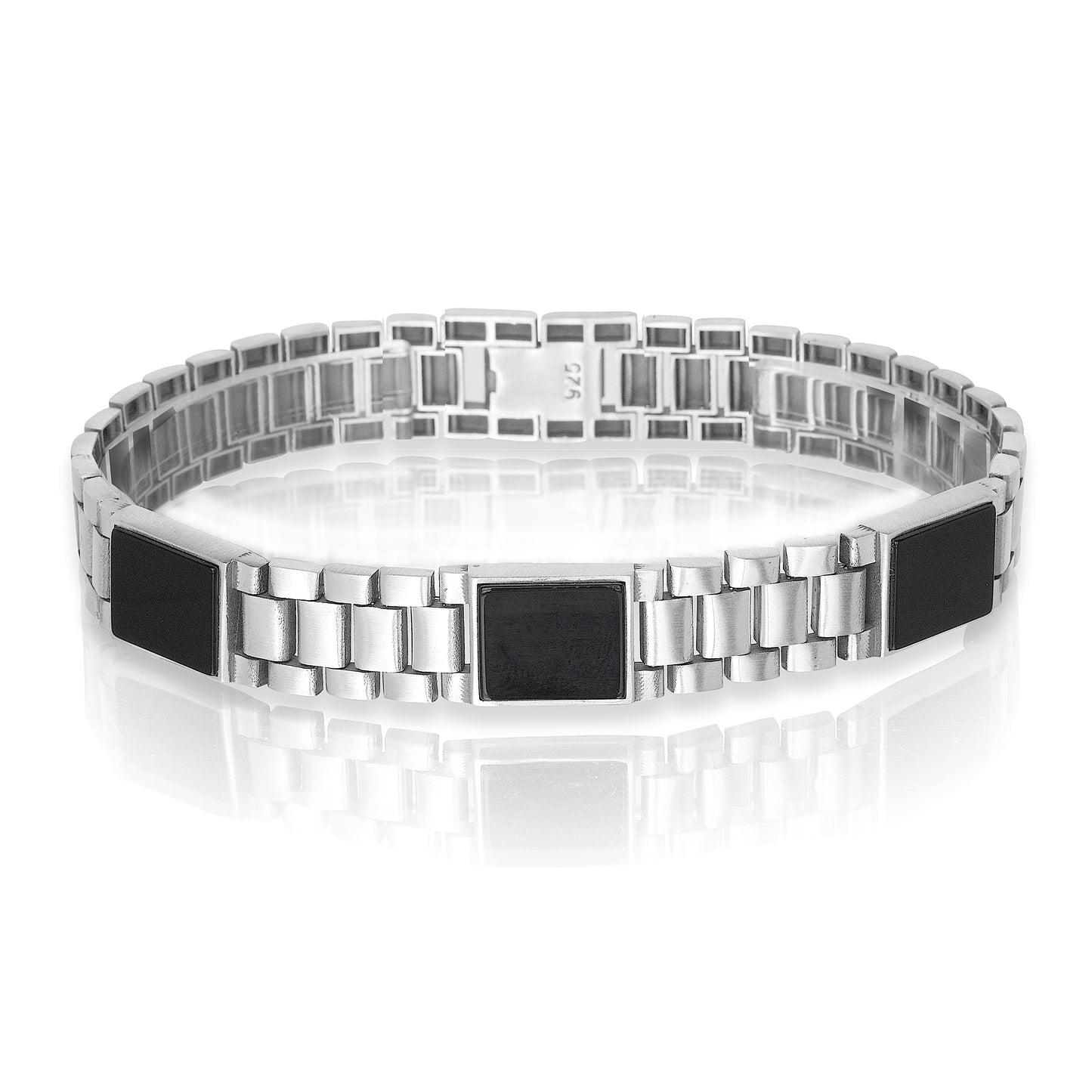 Bracelet with Square Black Enamel Plates, Rhodium Plated .925 Sterling Silver