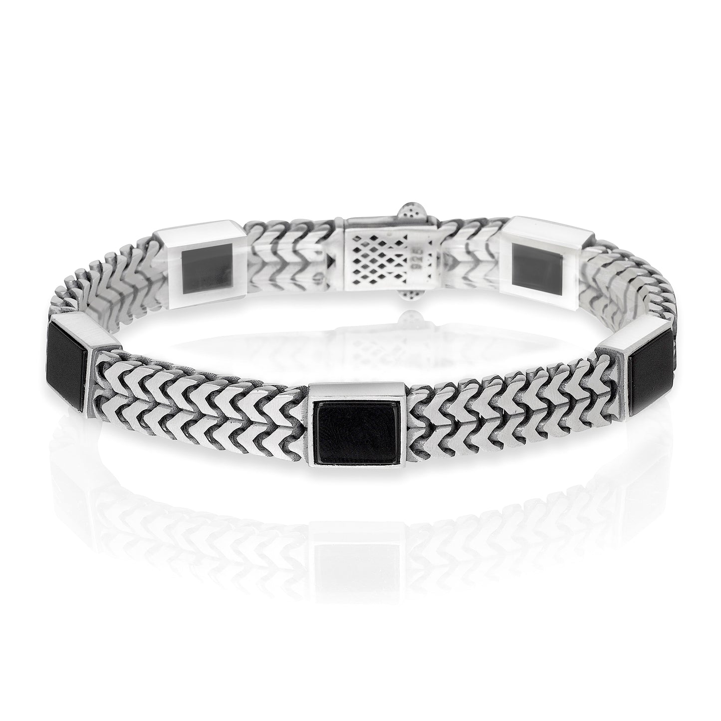 Herringbone Bracelet with Black Enamel Rectangles, Rhodium Plated .925 Sterling Silver