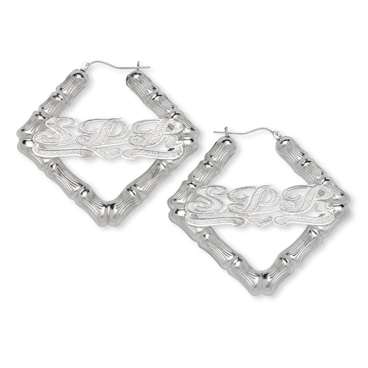 Personalized .925 Sterling Silver Bamboo Square Earrings Hoops