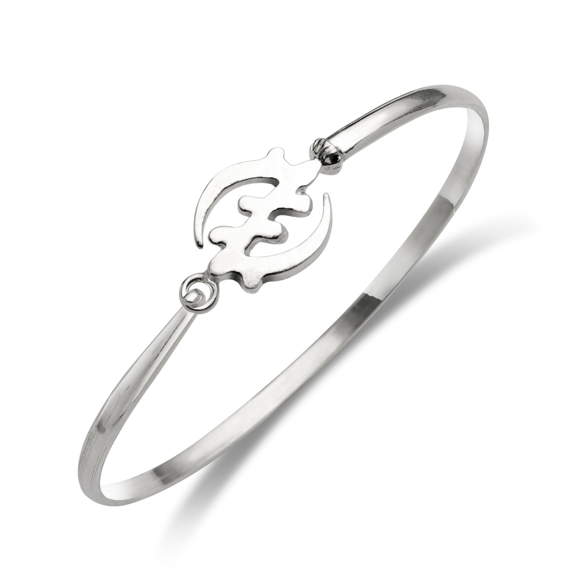 Gye Nyame .925 Sterling Silver Hook Bangle with clasp, 7.5" size, handmade in USA, solid 3.5mm wide, African symbol jewelry.