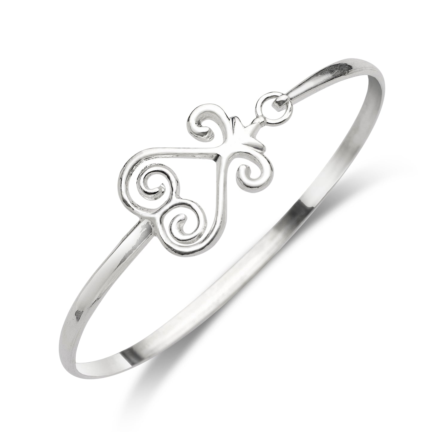 Sankofa Symbol .925 Sterling Silver Hook Bangle, 7.5" size, handmade in USA, solid 3.5mm wide, African symbol bracelet with clasp