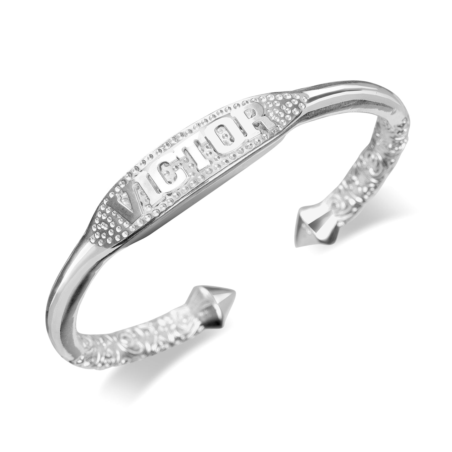 Personalized 925 Sterling Silver Custom Name Plate West Indian Extra Thick Bangle with Pyramid Ends