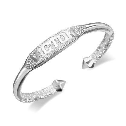 Personalized 925 Sterling Silver Custom Name Plate West Indian Extra Thick Bangle with Pyramid Ends