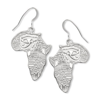 African Map sterling silver earrings with Eye of Ra symbol, handmade cultural statement jewelry, 925 silver.