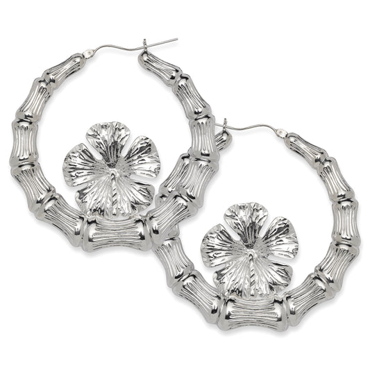 Hibiscus Flower 925 Sterling Silver Bamboo Hoops Earrings